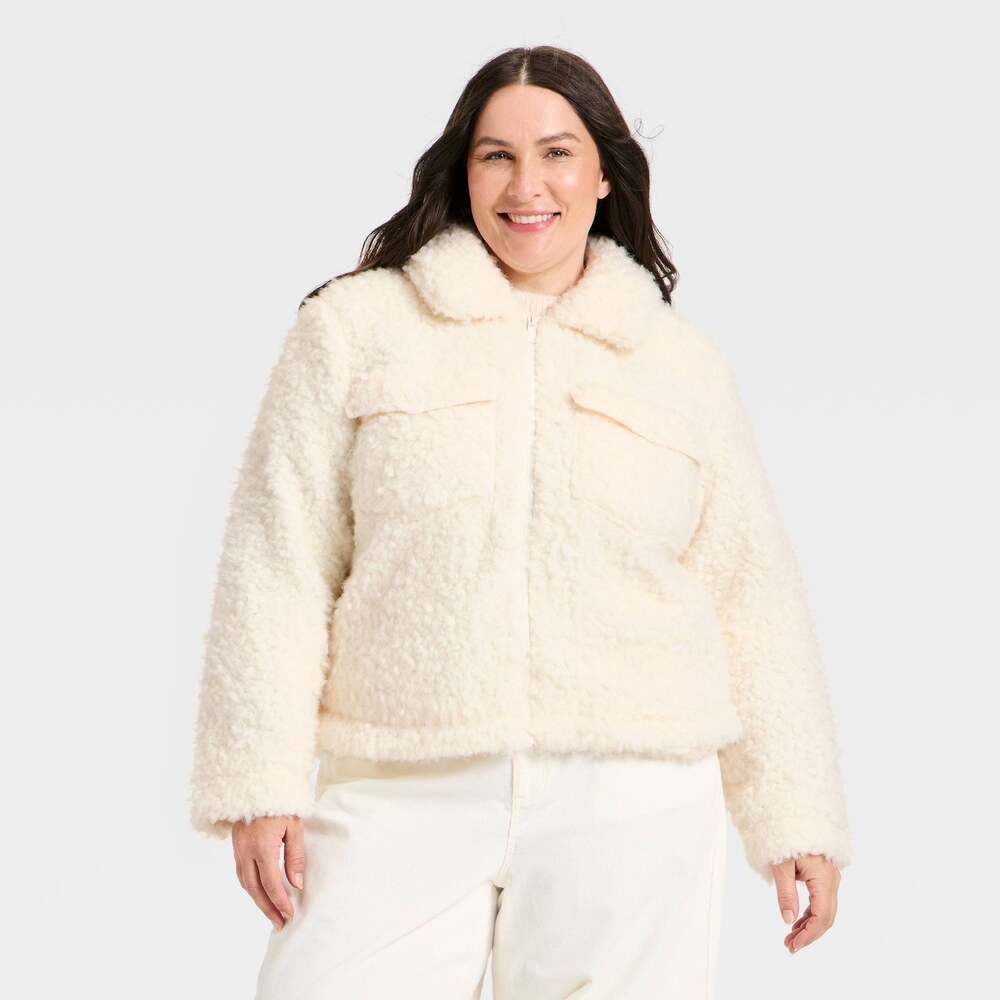 Universal Thread Cream XXL Teddy Faux Fur Zip Jacket Collared Chest Pockets Cozy